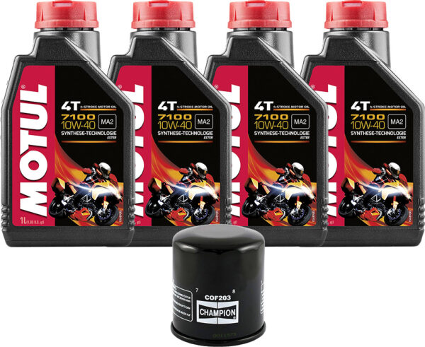Kit tagliando olio motore MOTUL 7100 10w40 e filtro olio Champion COF203-4 bottiglie da 1 litro - Honda Kawasaki Yamaha - CI2044